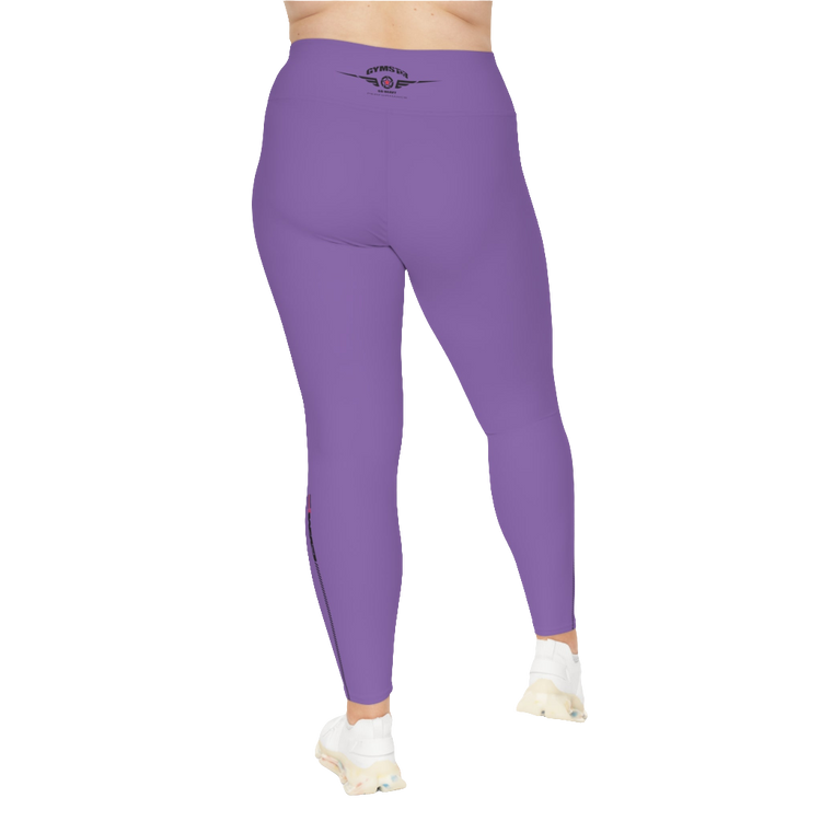 A woman wearing pair of purple high-waisted Gymstar fitness leggings with a logo on the upper left thigh, designed for fitness and yoga. Paired with white sneakers. Rear view.