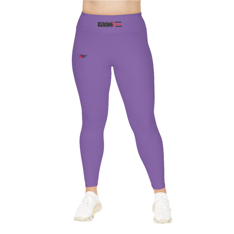 A woman wearing pair of purple high-waisted Gymstar fitness leggings with a logo on the upper left thigh, designed for fitness and yoga. Paired with white sneakers. Front view.
