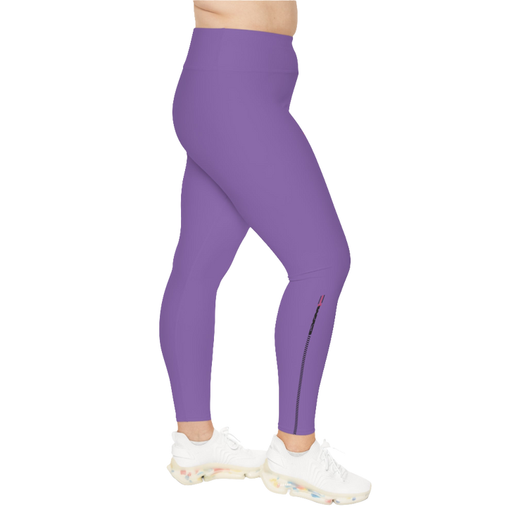 A woman wearing pair of purple high-waisted Gymstar fitness leggings with a logo on the upper left thigh, designed for fitness and yoga. Paired with white sneakers. Left side view.