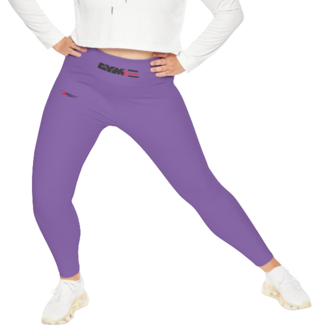 A woman wearing pair of purple high-waisted Gymstar fitness leggings with a logo on the upper left thigh, designed for fitness and yoga. Paired with white sneakers. Front action view.
