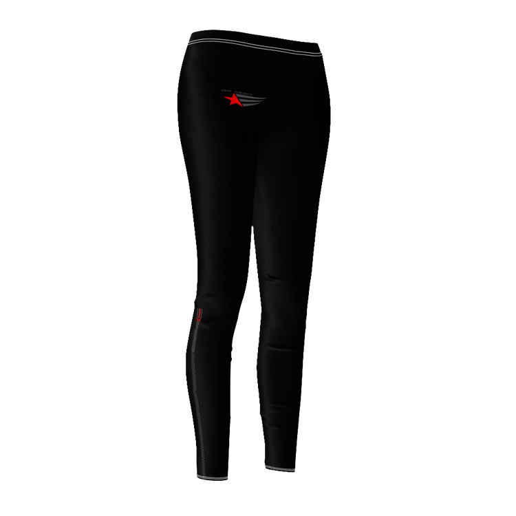 A pair of black Gymstar leggings on a female model, showcasing the fit and design of the garment. Left side view.