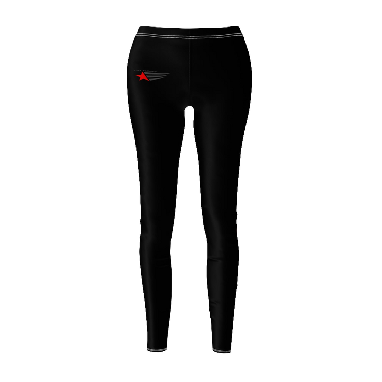 A pair of black Gymstar leggings on a female model, showcasing the fit and design of the garment, front view.