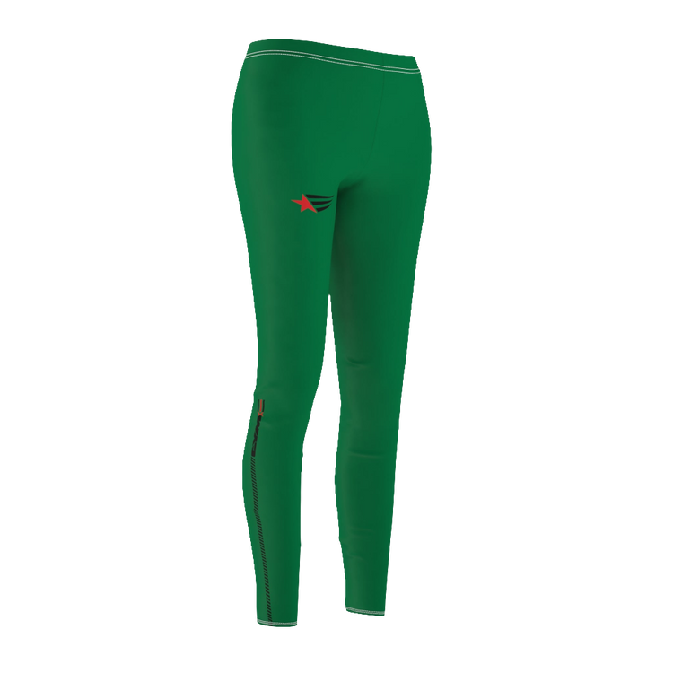 A pair of green Gymstar leggings on a female model, showcasing the fit and design of the garment. Left side view.