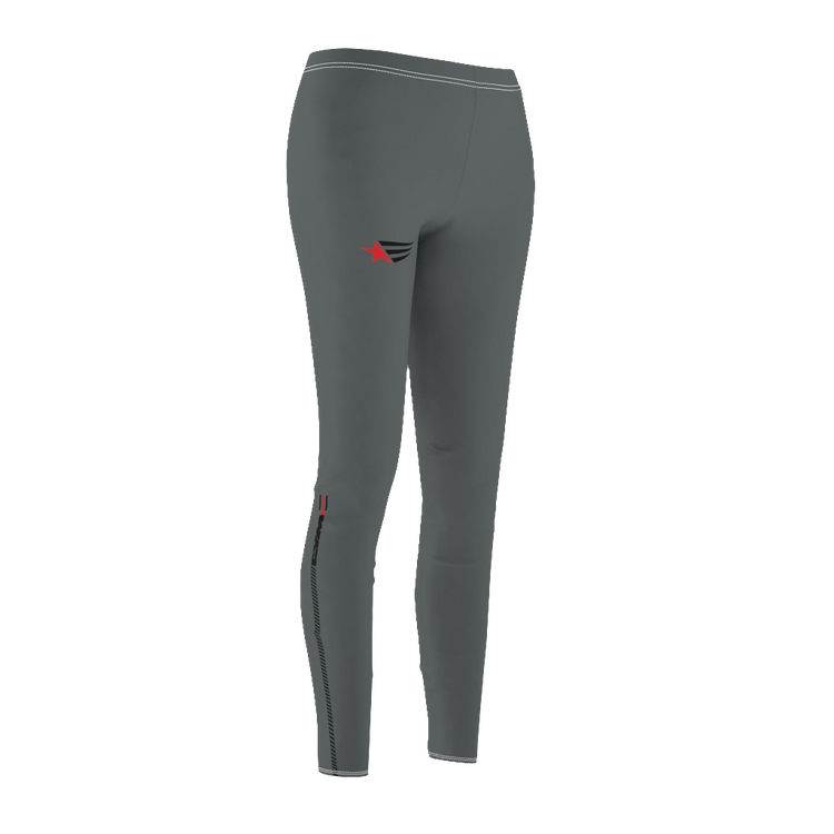 A  pair of gray fitness leggings for women, featuring a high waist and tagless design. Brandet with a logo Gymstar. Left side view.