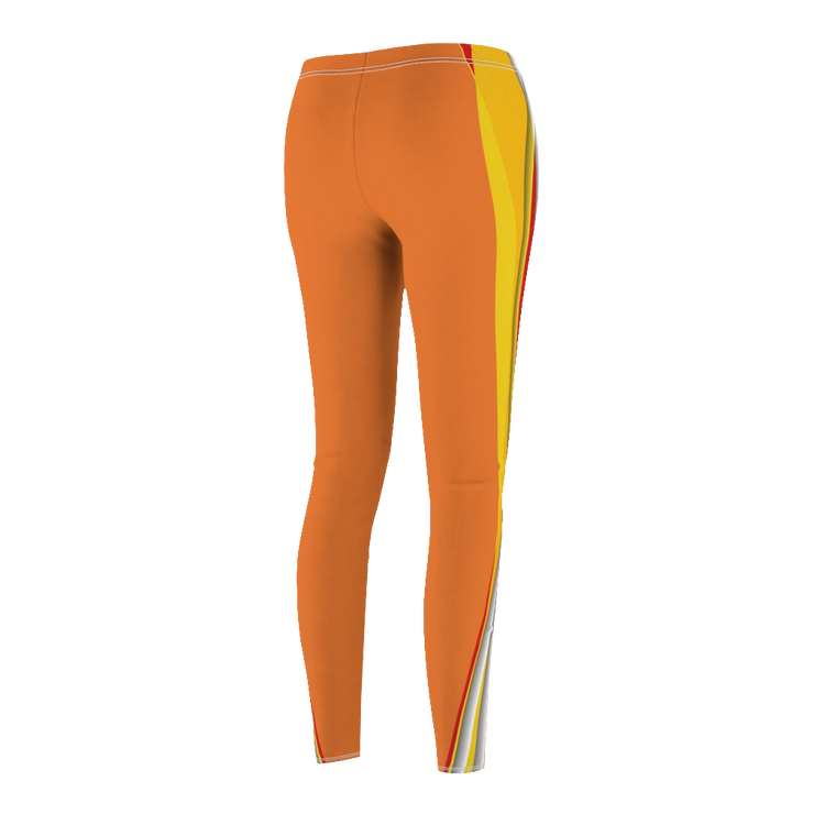A pair of orange fitness leggings for women, with a high waist and a visible brand logo on the left thigh.