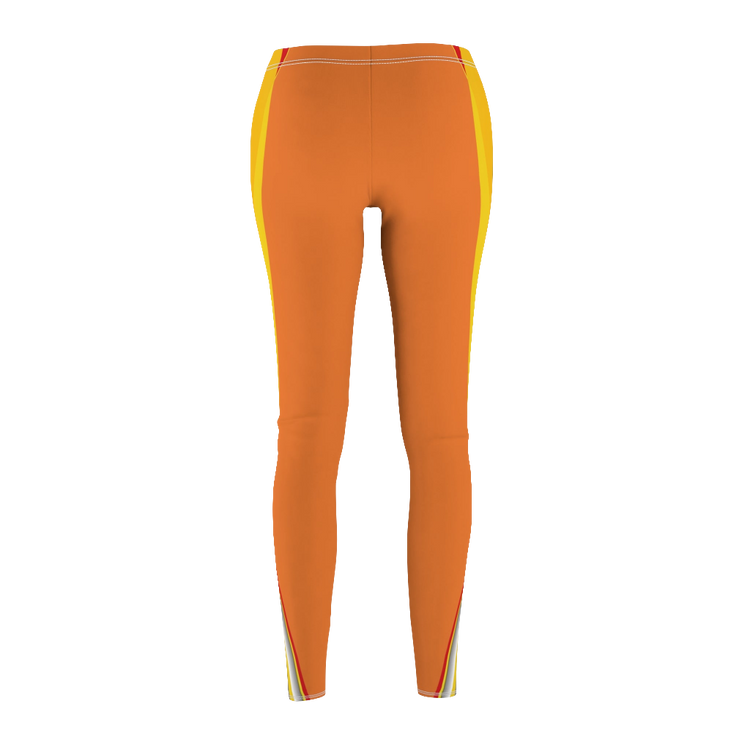 A pair of orange fitness leggings for women, with a high waist and a visible brand logo on the left thigh. Back view.