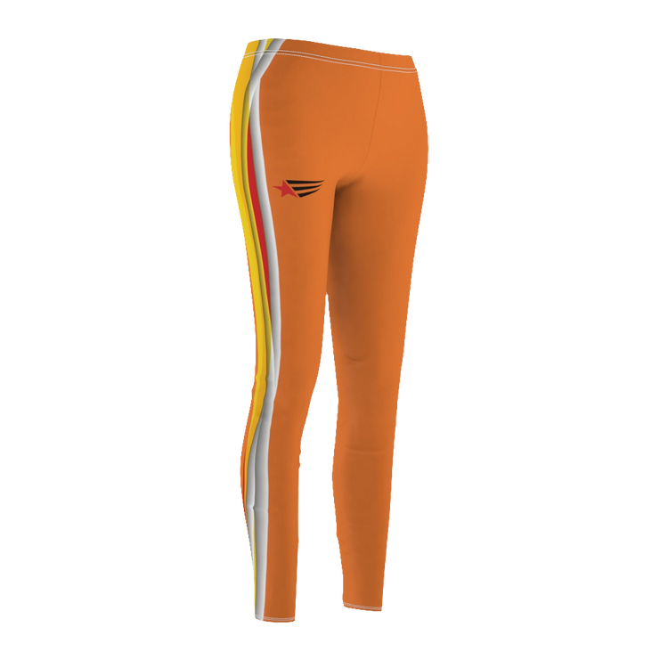 A pair of orange fitness leggings for women, with a high waist and a visible brand logo on the left thigh.