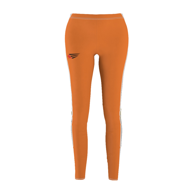 A pair of orange fitness leggings for women, with a high waist and a visible brand logo on the left thigh.