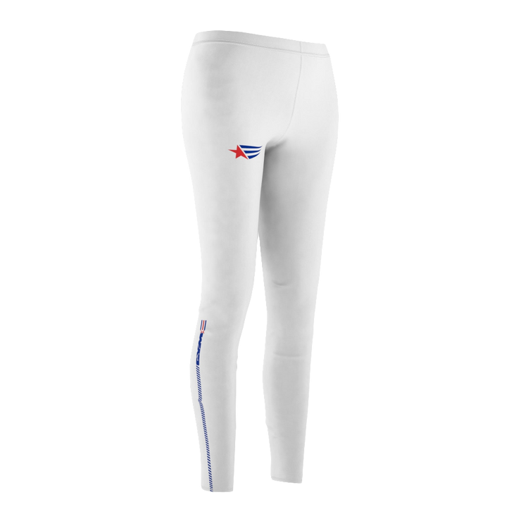 A pair of white Gymstar women's leggings with a logo on the upper left thigh, designed for workout activities left side view.