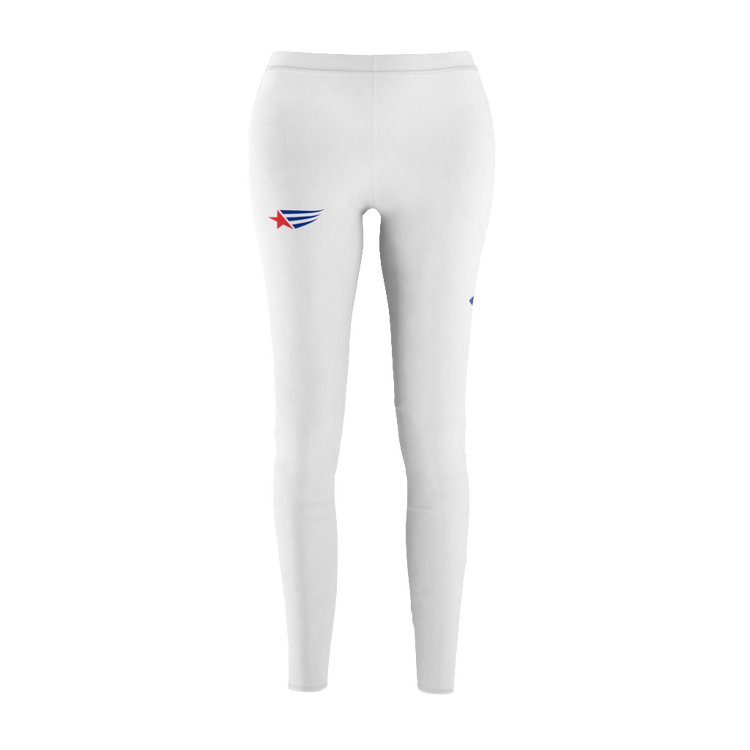 A pair of white Gymstar women's leggings with a logo on the upper left thigh, designed for workout activities.