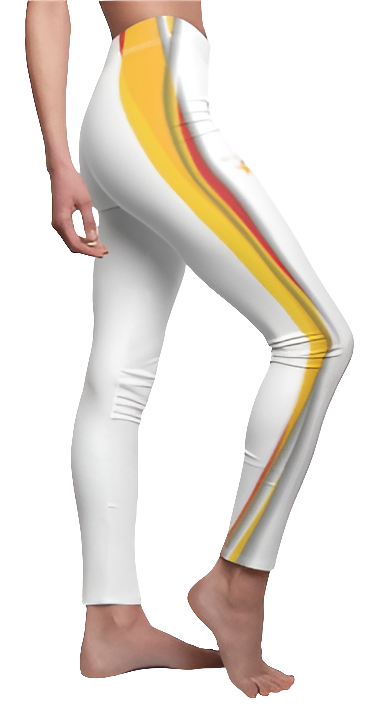 A woman wearing pair of white fitness leggings for women with colored applique edging, featuring a high waist and tagless design. Brandet with a logo Gymstar. Left side view.