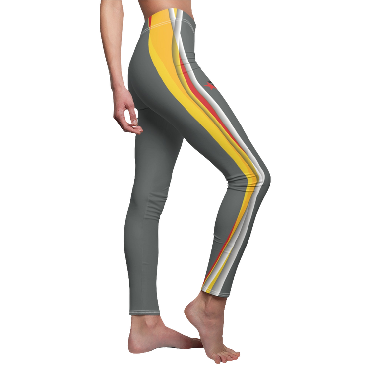 A pair of gray, Gymstaer yoga leggings with vibrant yellow, red and white accents on the side, designed for fitness women. Left side view.