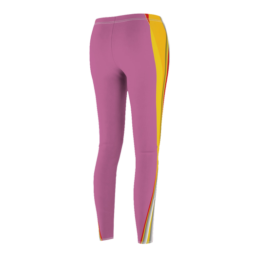 A woman wearing pair of cream color Gymstar fitness yoga women's cut and sew casual leggings with a visible yellow and red stripe on the side.Rear view.