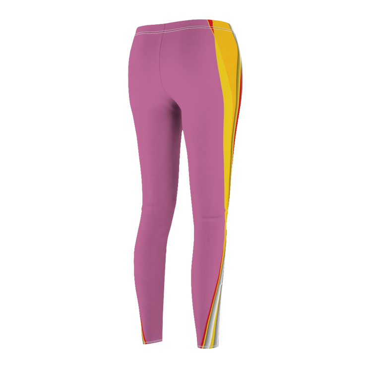 A woman wearing pair of cream color Gymstar fitness yoga women's cut and sew casual leggings with a visible yellow and red stripe on the side.Rear view.
