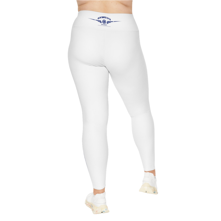 A pair of white Gymstar Fitness plus-size leggings featuring a high-waisted design and a logo on the back thigh.
