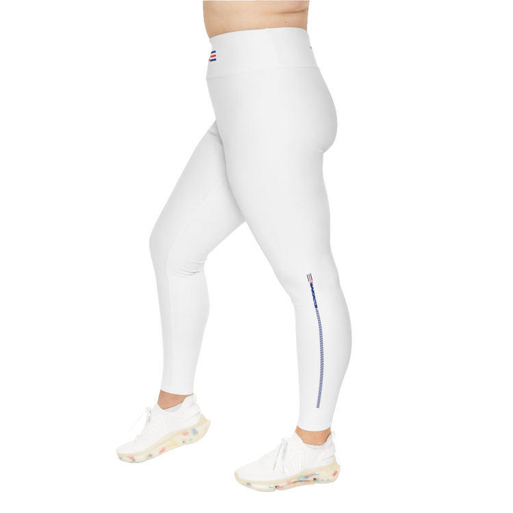 A pair of white Gymstar Fitness plus-size leggings featuring a high-waisted design and a logo on the right side.
