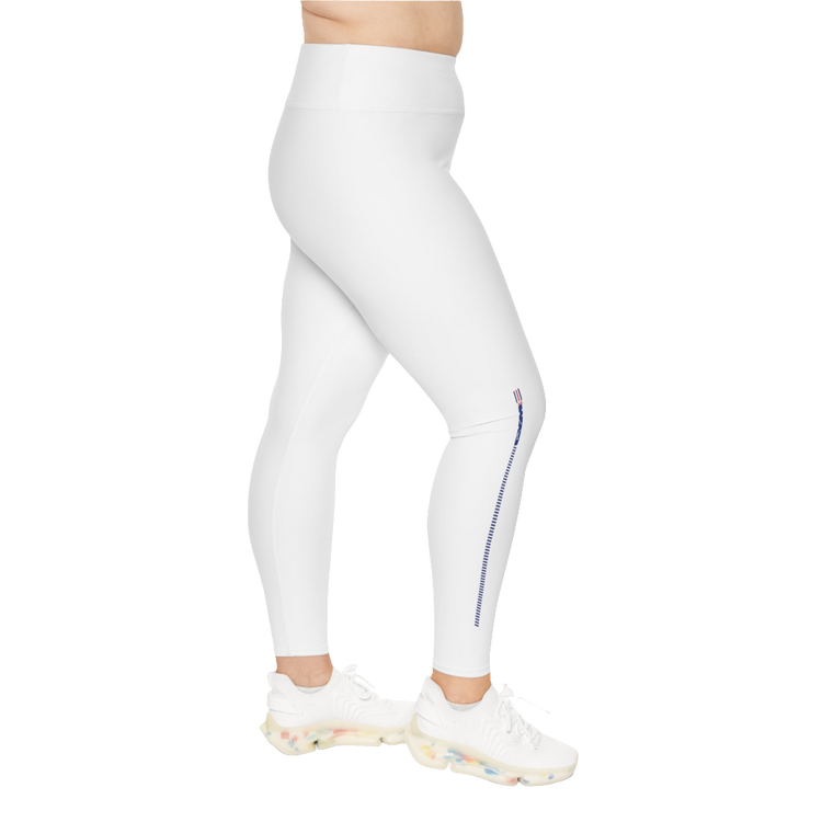 A pair of white Gymstar Fitness plus-size leggings featuring a high-waisted design and a logo on the left side.