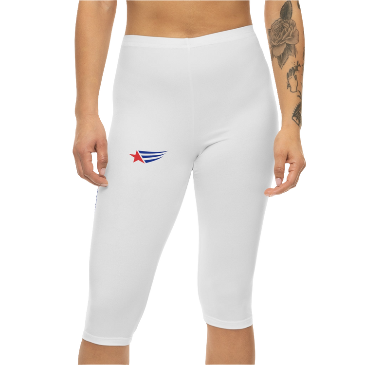 A pair of white Gymstar fitness capri leggings with blue and red detailing on the side, worn by a model, front view.