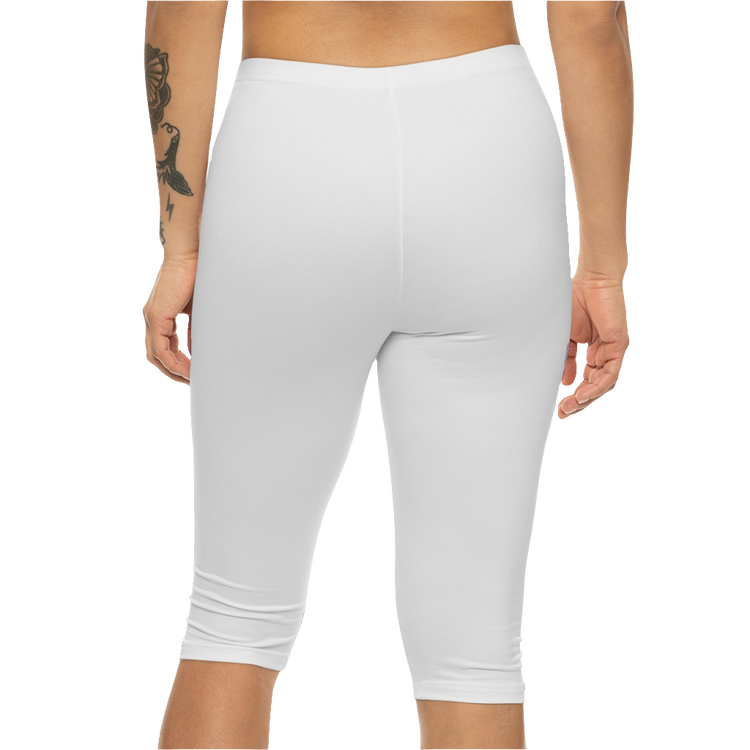 A pair of white Gymstar fitness capri leggings with blue and red detailing on the side, worn by a model, back side  view.