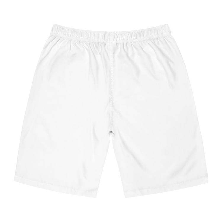 A pair of white men's board shorts with a small Gymstar logo on the left leg back side view.