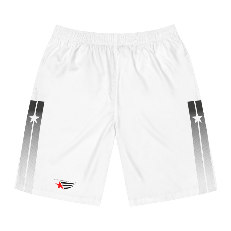 A pair of white men's board shorts with a small Gymstar logo on the left leg.
