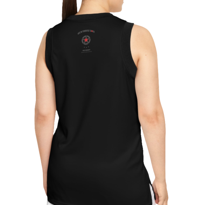 A woman with a fitness body is wearing a black-black Gymstar sports tank top branded with the Gymstar Fit logo back view.
