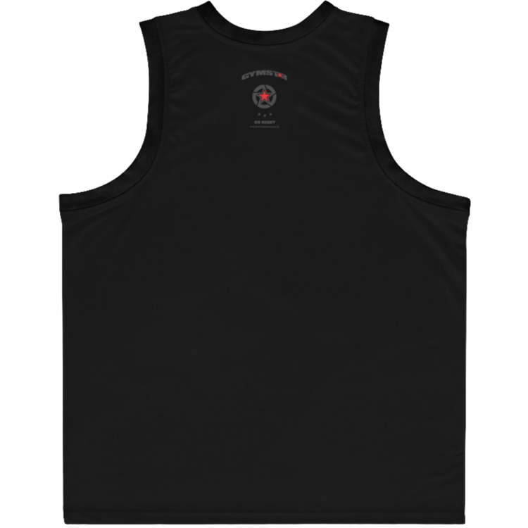 a black-black Gymstar sports tank top branded with the Gymstar Fit logo back view