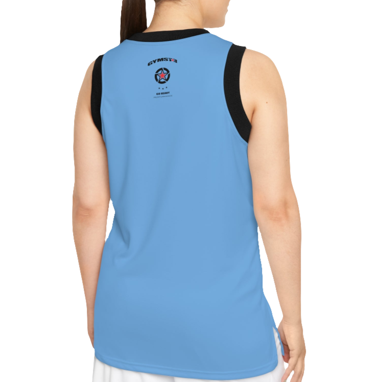 A woman with a fitness body is wearing a blue-black Gymstar sports tank top branded with the Gymstar Fit logoback view