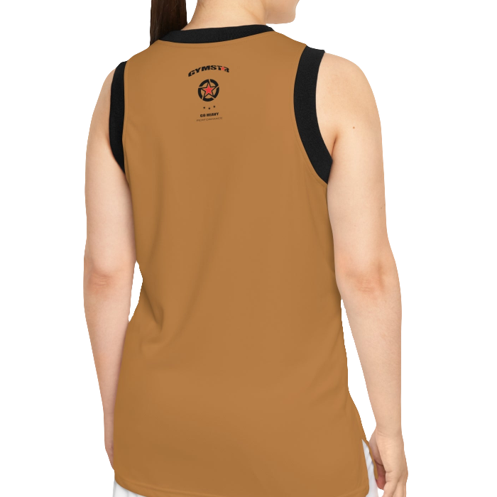 A woman with a fitness body is wearing a brown-black Gymstar sports tank top branded with the Gymstar Fit logo back view.