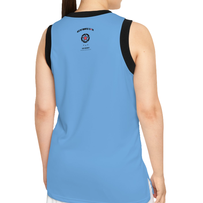 A woman with a fitness body is wearing a blue Gymstar sports tank top branded with the Gymstar Fit logo and a motivating print, back view.
