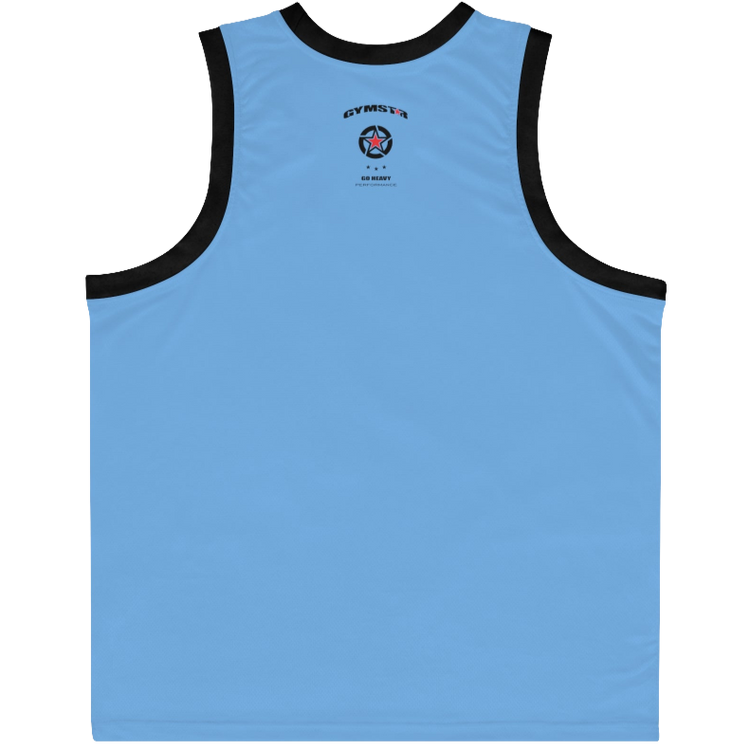 a blue Gymstar sports tank top branded with the Gymstar Fit logo and a motivating print, back view