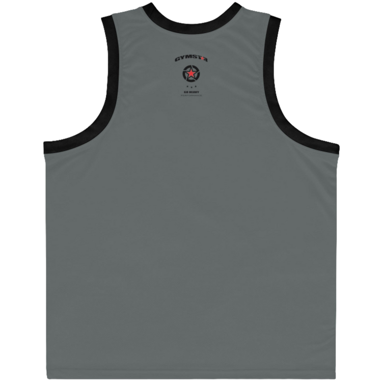 a grey-black Gymstar sports tank top branded with the Gymstar Fit logo back view
