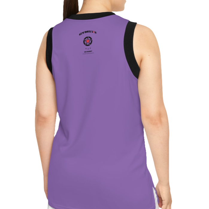 A woman with a fitness body is wearing a Gymstar sports tank top branded with the Gymstar Fit logo and a motivating print, ack view.