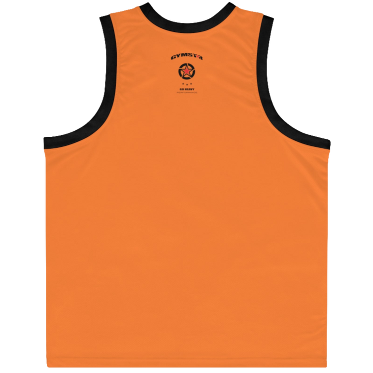 an orange Gymstar sports tank top branded with the Gymstar Fit logo and a motivating print, back view