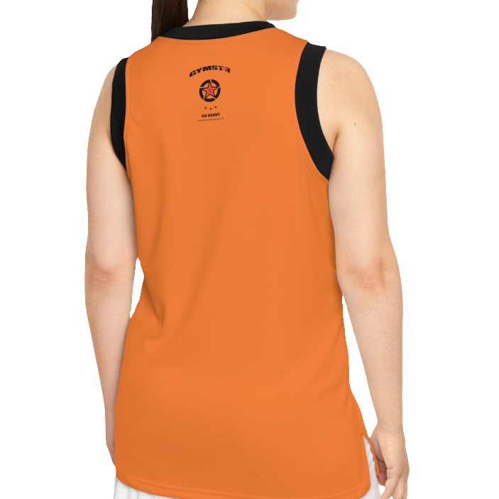 A woman with a fitness body is wearing an orange Gymstar sports tank top branded with the Gymstar Fit logo and a motivating print, back view.