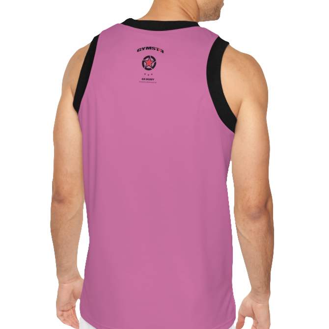 A man wearing a purple Gymstar fitness and jogging tank top with black stripes on the neckline and sleeves. The tank top is branded with the brand's logo.