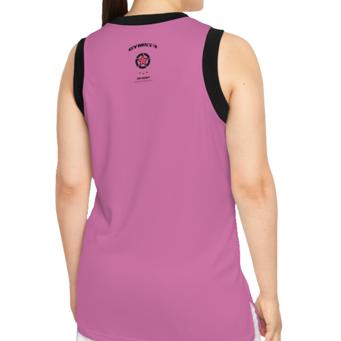 A woman wearing a purple Gymstar fitness and jogging tank top with black stripes on the neckline and sleeves. The tank top is branded with the brand's logo back view.