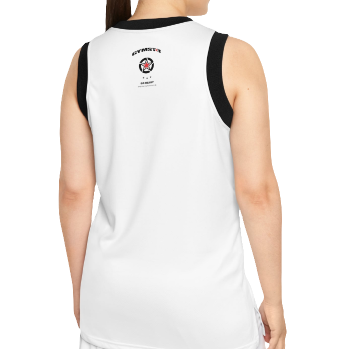 A woman with a fitness body is wearing a Gymstar white sports tank top branded with the Gymstar Fit logo and a motivating print, back view
