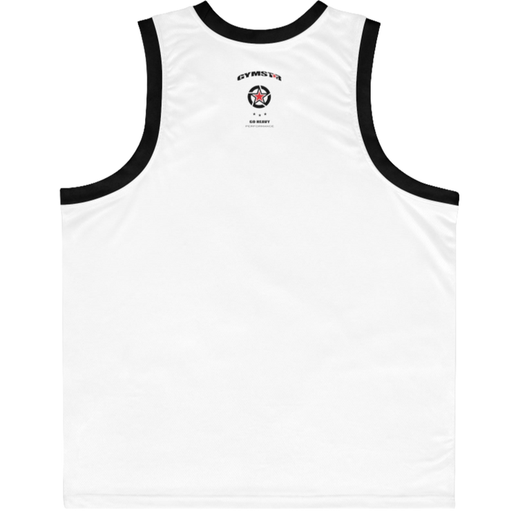 a Gymstar white sports tank top branded with the Gymstar Fit logo and a motivating print, back view