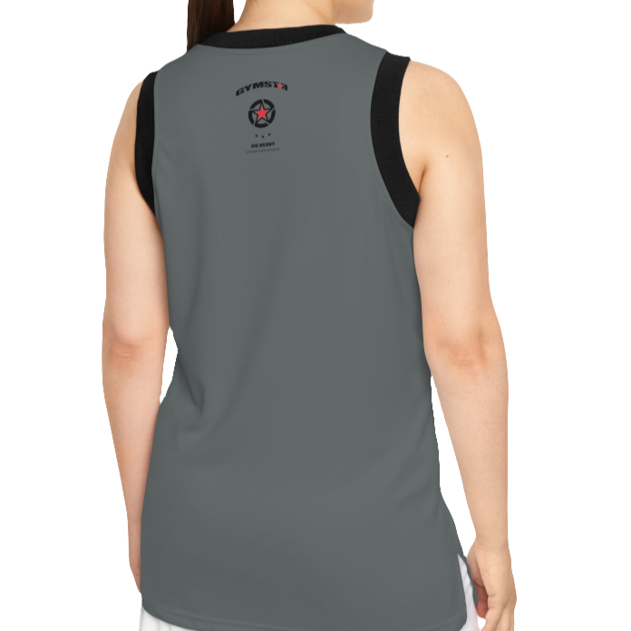 A woman with a fitness body is wearing a grey-black Gymstar sports tank top branded with the Gymstar Fit logo back view.