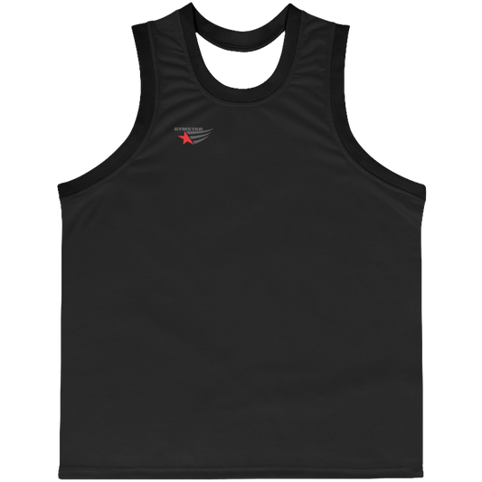 a black-black Gymstar sports tank top branded with the Gymstar Fit logo