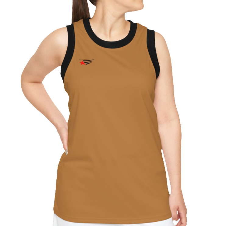 A woman with a fitness body is wearing a brown-black Gymstar sports tank top branded with the Gymstar Fit logo.