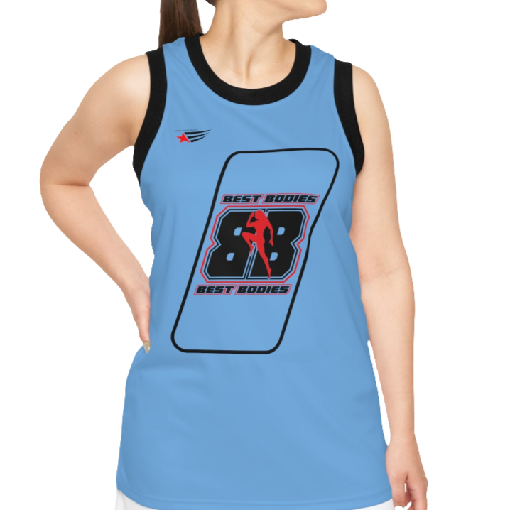 A woman with a fitness body is wearing a blue Gymstar sports tank top branded with the Gymstar Fit logo and a motivating print.