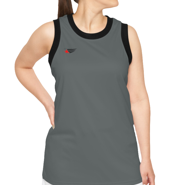 A woman with a fitness body is wearing a grey-black Gymstar sports tank top branded with the Gymstar Fit logo.