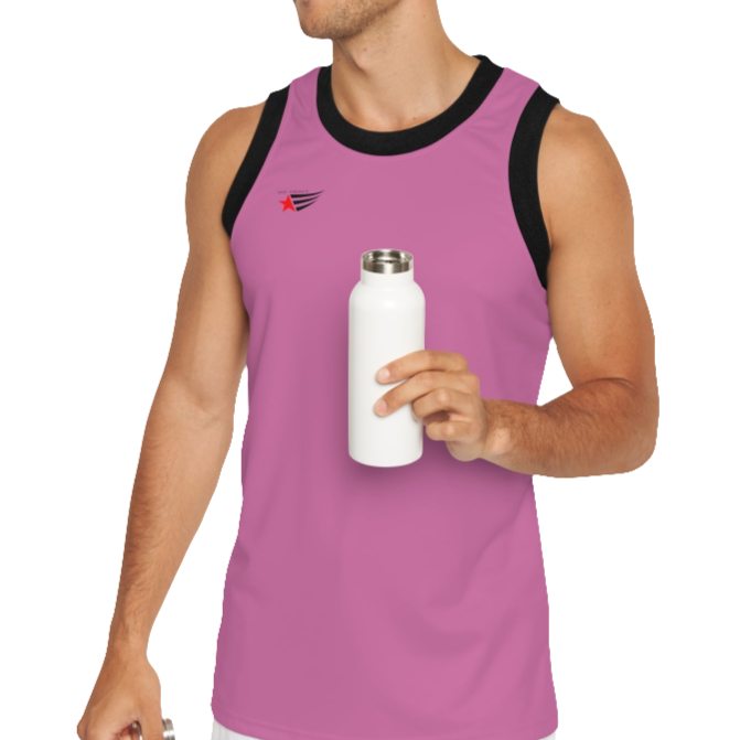 A man wearing a purple Gymstar fitness and jogging tank top with black stripes on the neckline and sleeves. The tank top is branded with the brand logo and he is holding an aluminum fitness bottle.
