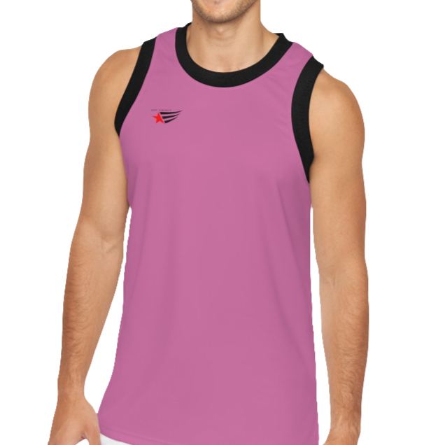 A man wearing a purple Gymstar fitness and jogging tank top with black stripes on the neckline and sleeves. The tank top is branded with the brand's logo.