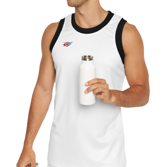 A man with a fitness body is wearing a white-black Gymstar sports tank top branded with the Gymstar Fit logo.