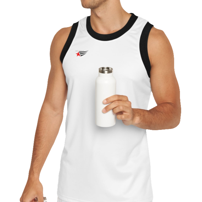 A man with a fitness body is wearing a white-black Gymstar sports tank top branded with the Gymstar Fit logo.