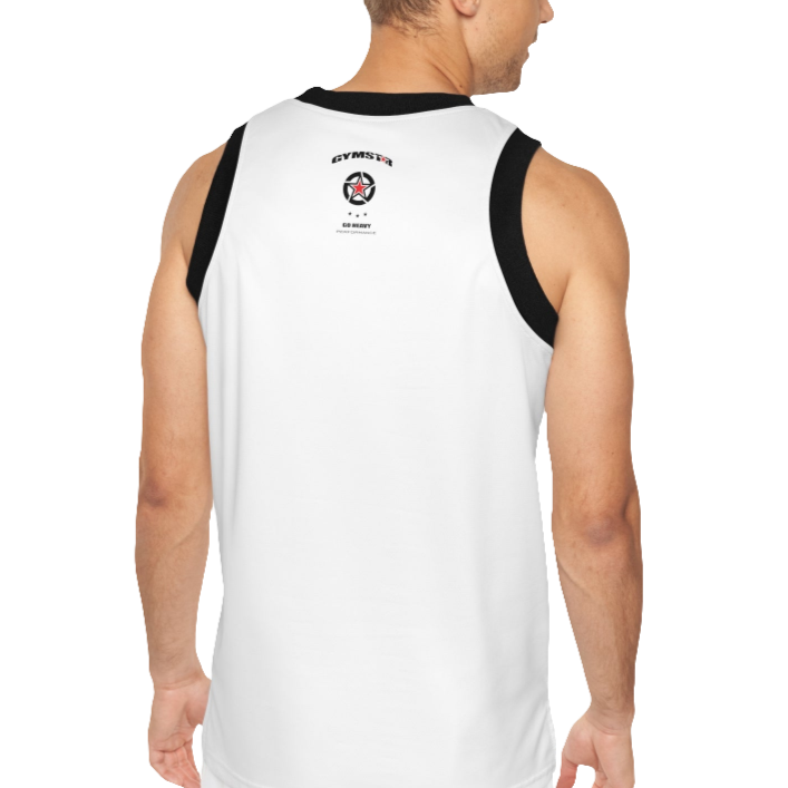 A man with a fitness body is wearing a white-black Gymstar sports tank top branded with the Gymstar Fit logo back view.