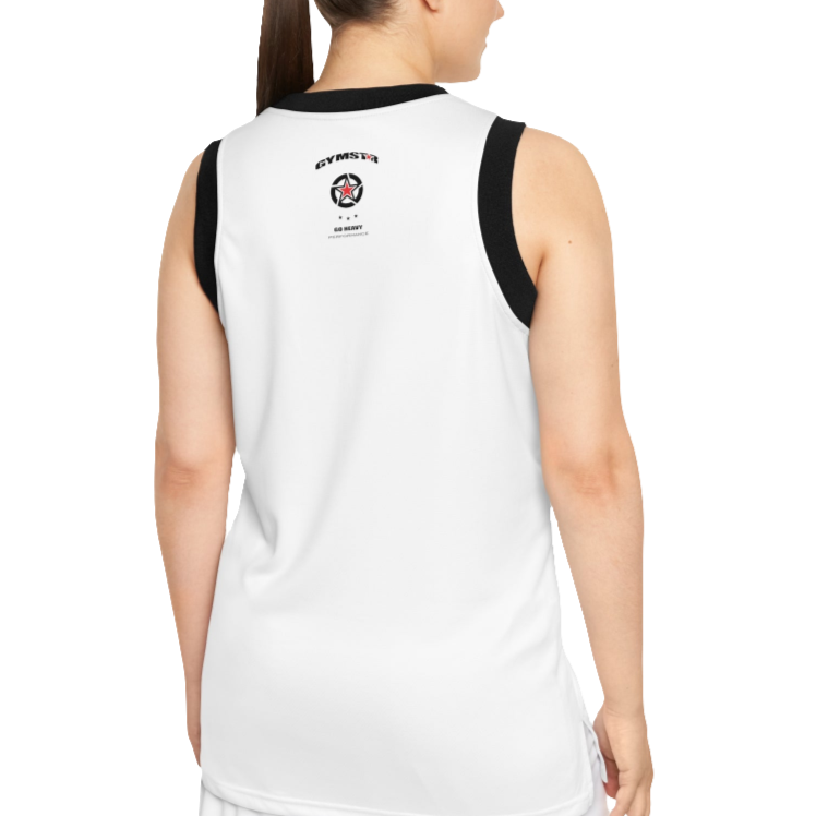 A woman with a fitness body is wearing a white-black Gymstar sports tank top branded with the Gymstar Fit logo back view.